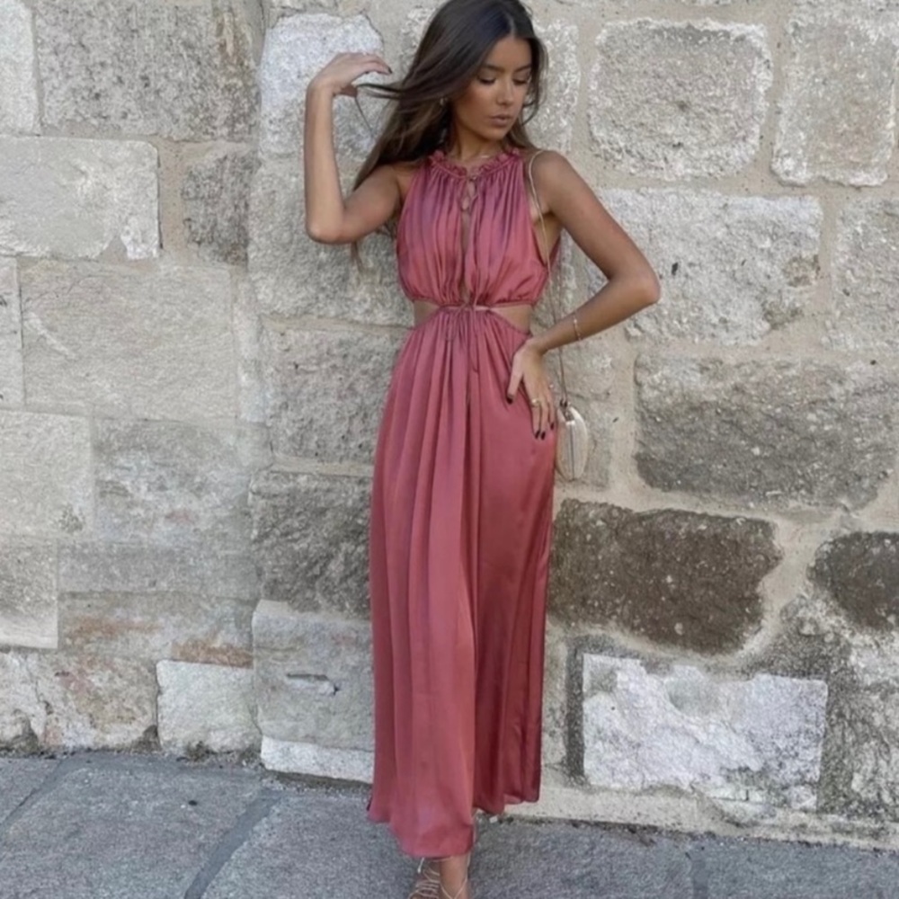 Zara Satin Effect Marsala Cut Out Dress